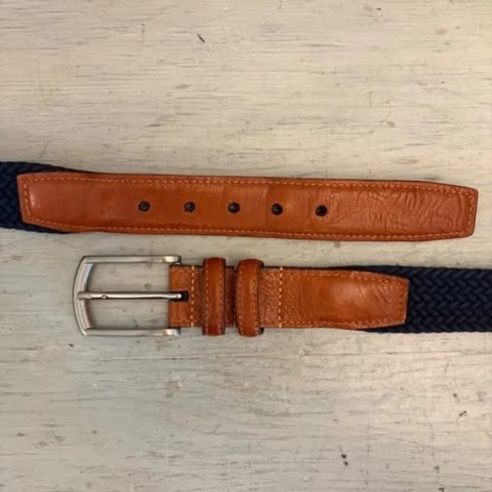 Torino Men's Navy Woven Stretch Belt with Brown‎ Leather Trim 48-52